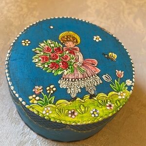 Very old Western Germany hand painted wooden box, featuring girl with flowers